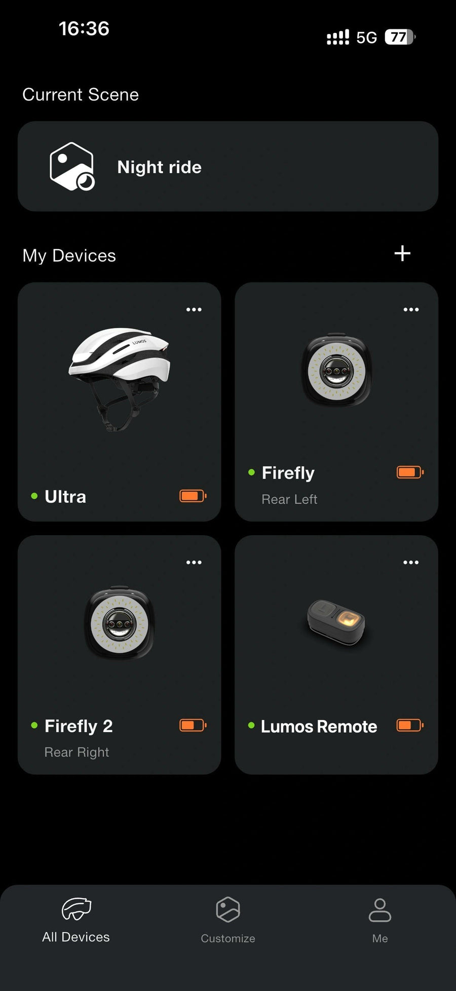Lumos app Night Ride scene with helmet, Firefly lights and Lumos Remote