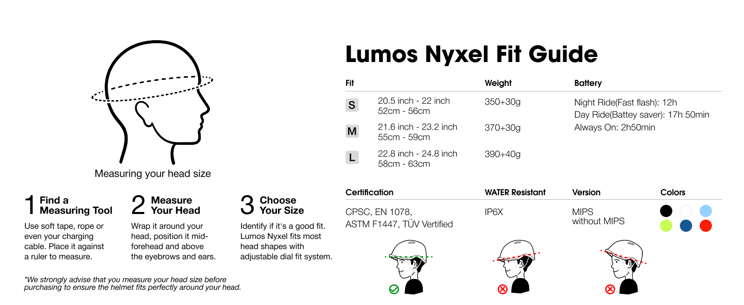 Lumos Nyxel Smart  Bike Helmet fit guide and head measurement instructions