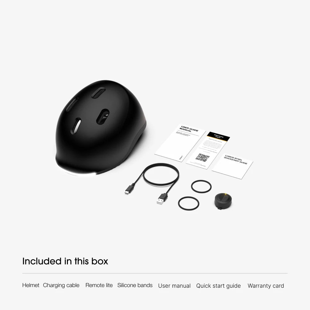 What is in the box: Lumos Nyxel helmet, USB-C charging cable, Remote Lite, 2 silicone bands, user manual, quick start guide and warranty card