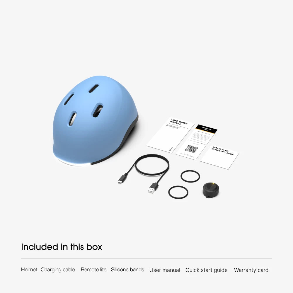 What is in the box: Lumos Nyxel helmet, USB-C charging cable, Remote Lite, 2 silicone bands, user manual, quick start guide and warranty card