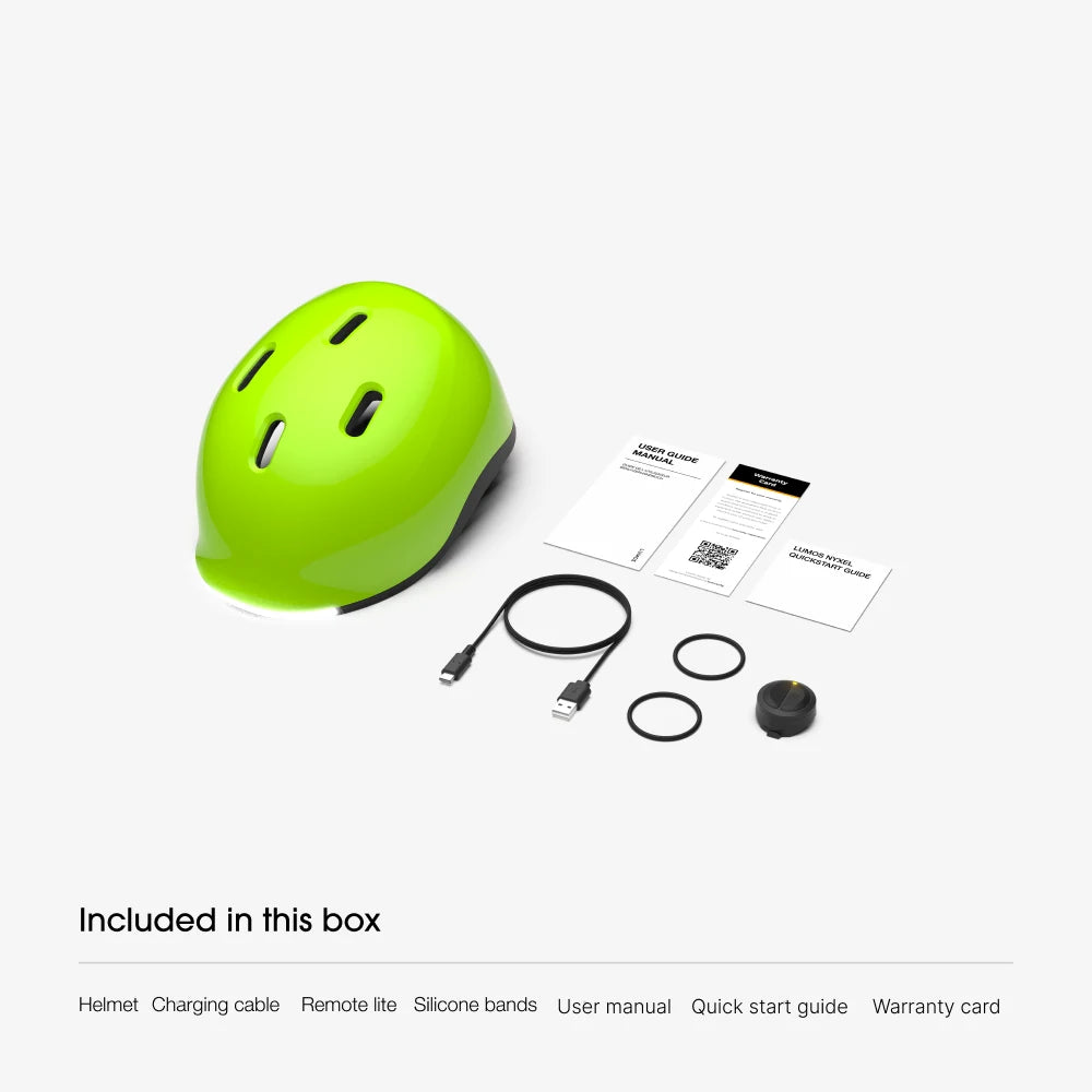 What is in the box: Lumos Nyxel helmet, USB-C charging cable, Remote Lite, 2 silicone bands, user manual, quick start guide and warranty card