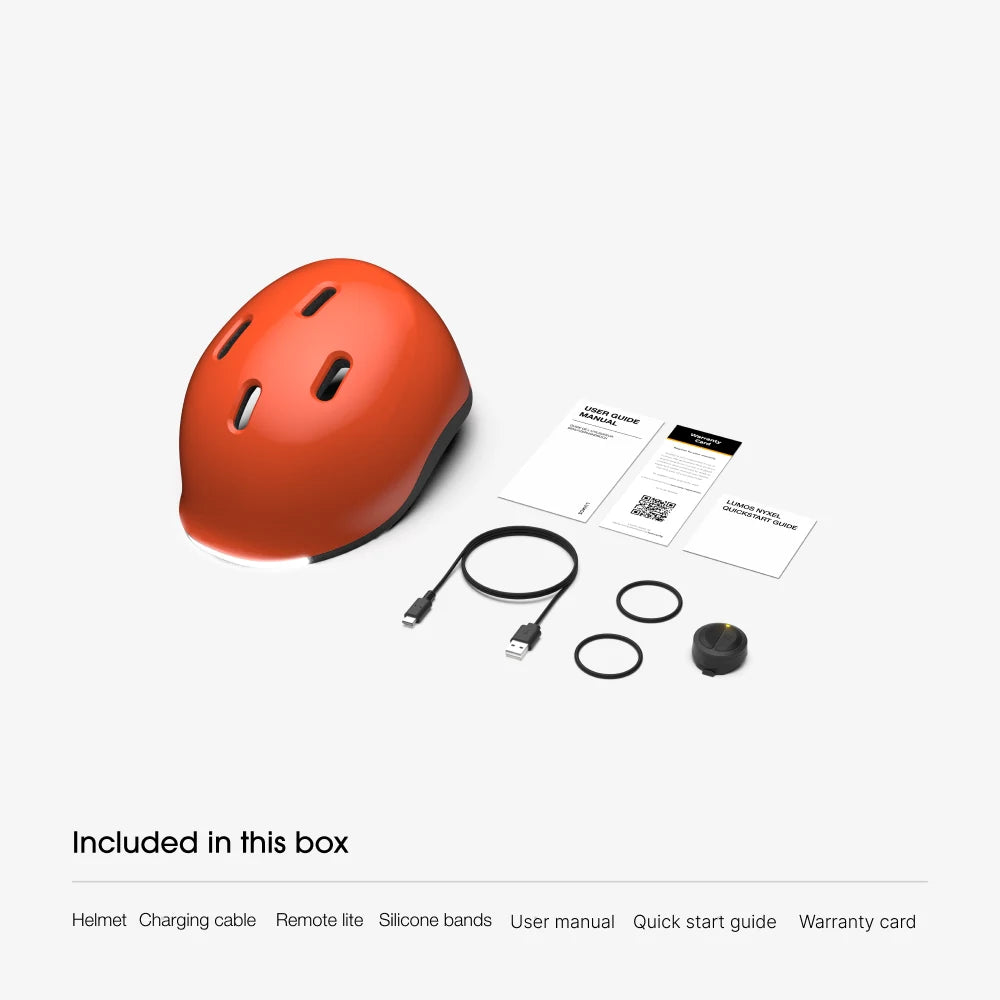 What is in the box: Lumos Nyxel helmet, USB-C charging cable, Remote Lite, 2 silicone bands, user manual, quick start guide and warranty card