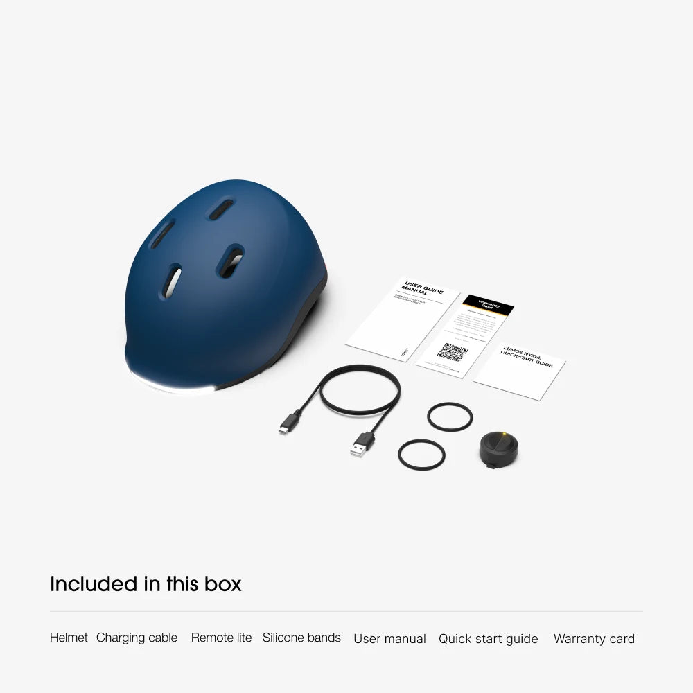 What is in the box: Lumos Nyxel helmet, USB-C charging cable, Remote Lite, 2 silicone bands, user manual, quick start guide and warranty card