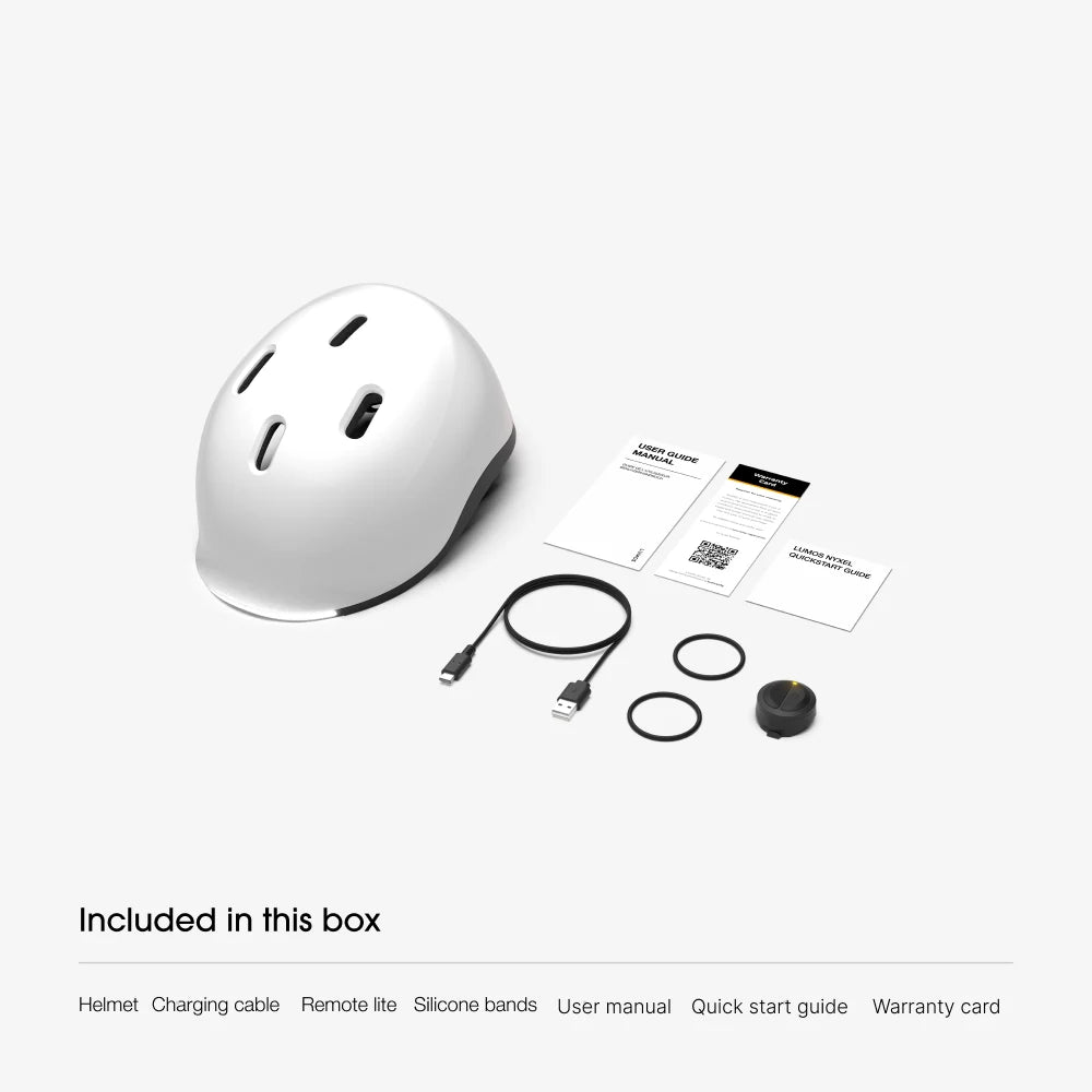 What is in the box: Lumos Nyxel helmet, USB-C charging cable, Remote Lite, 2 silicone bands, user manual, quick start guide and warranty card